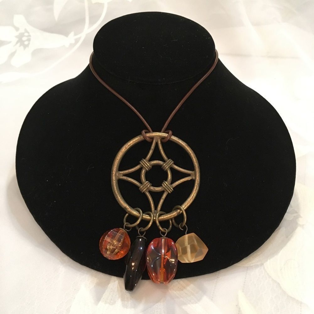 Vintage Gerard Yosca Brass Pendant & Bead Necklace